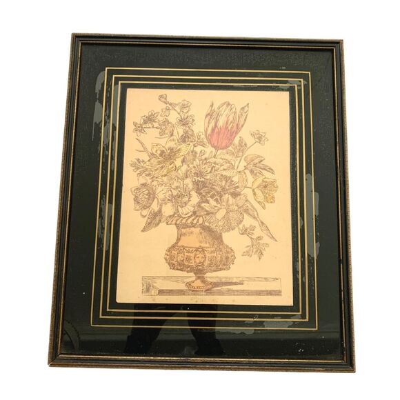 Framed Floral Still Life Signed Print Shabby Decor Cottage Core Vintage 1940s